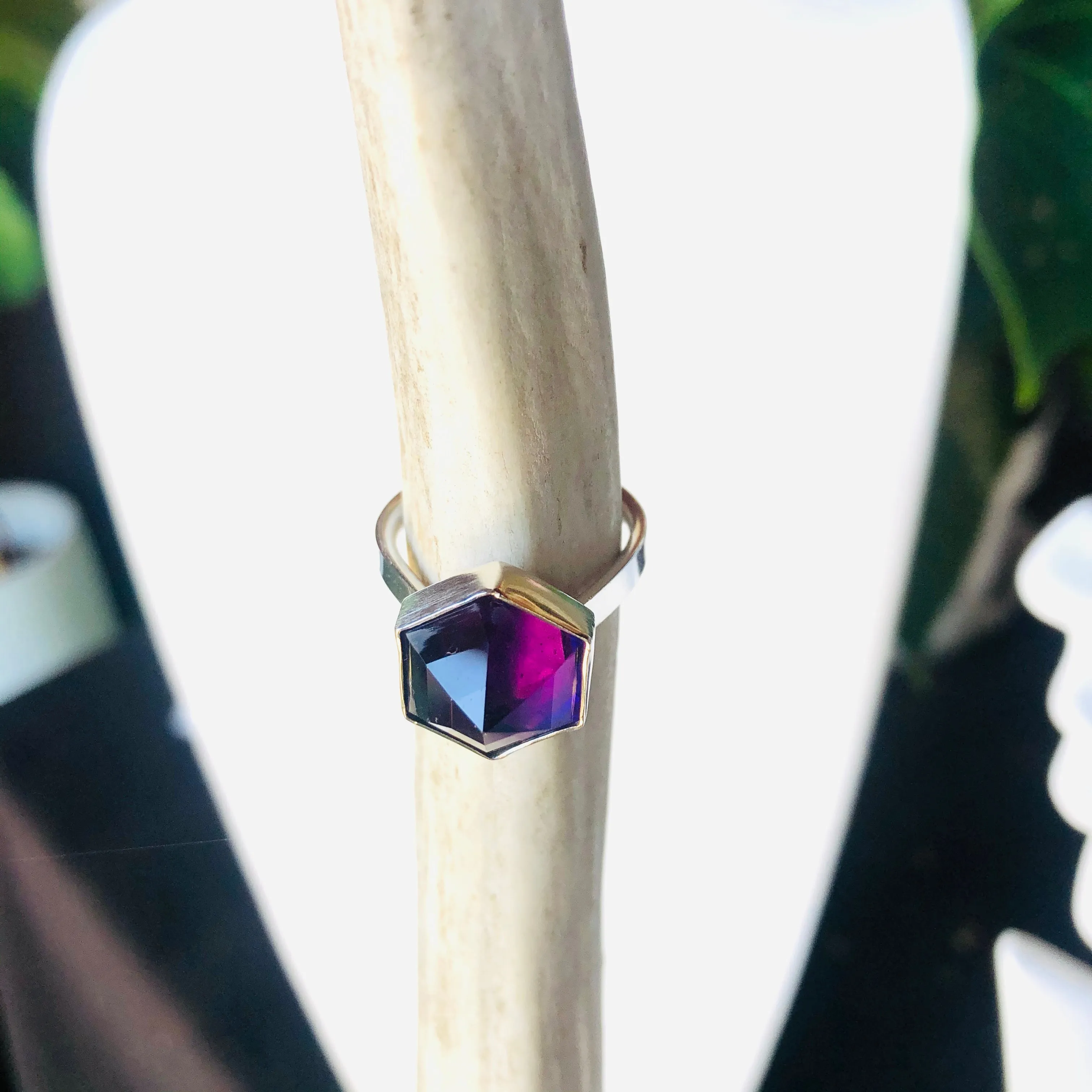 Pointy hex amethyst ring