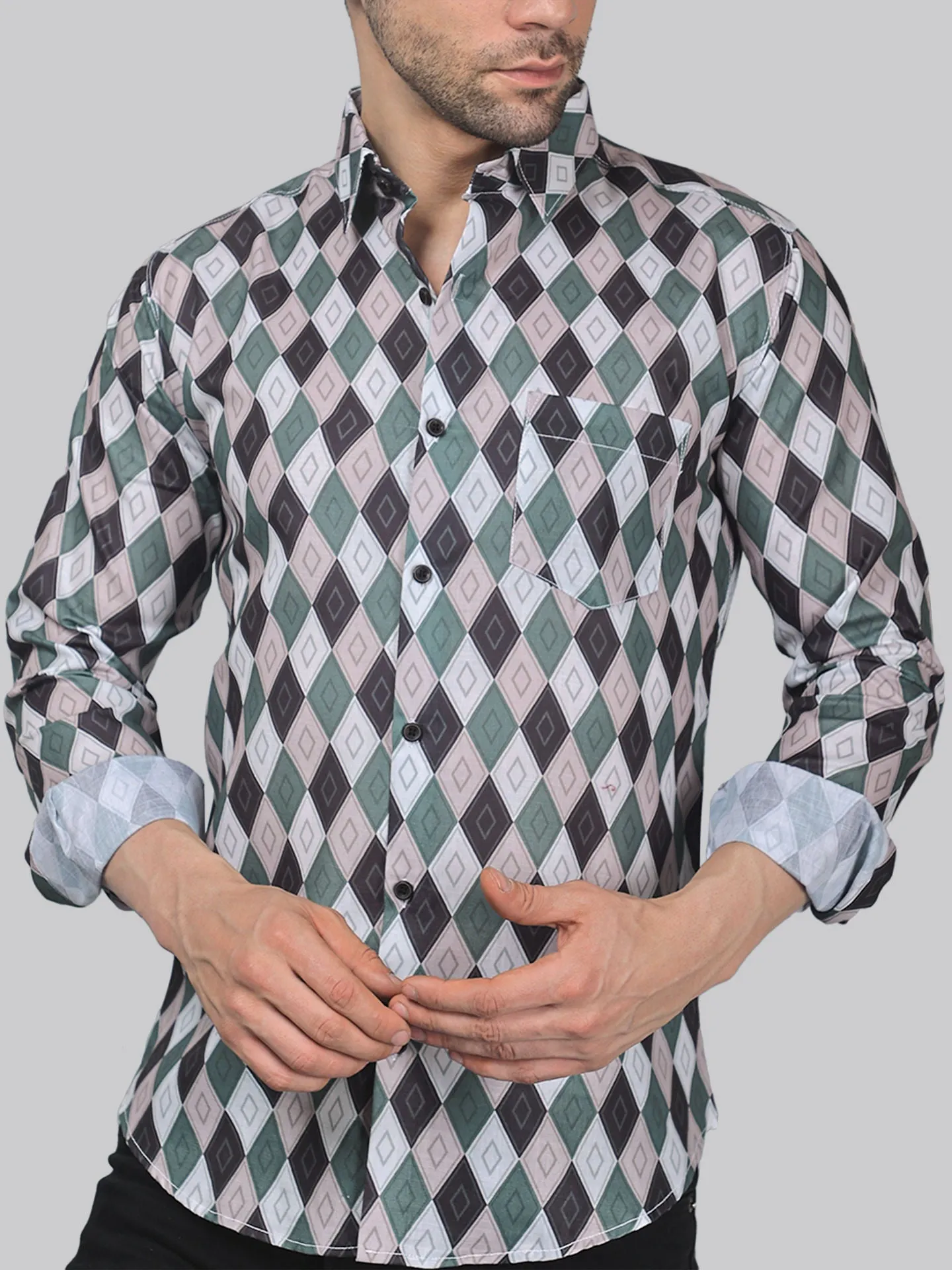 Preppy Men's Printed Full Sleeve Cotton Button-Up Shirt For Men