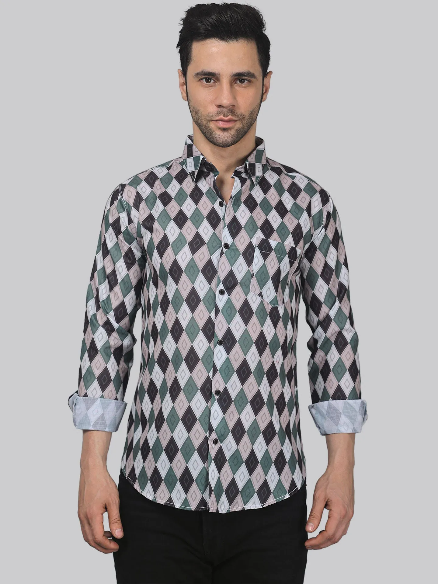 Preppy Men's Printed Full Sleeve Cotton Button-Up Shirt For Men