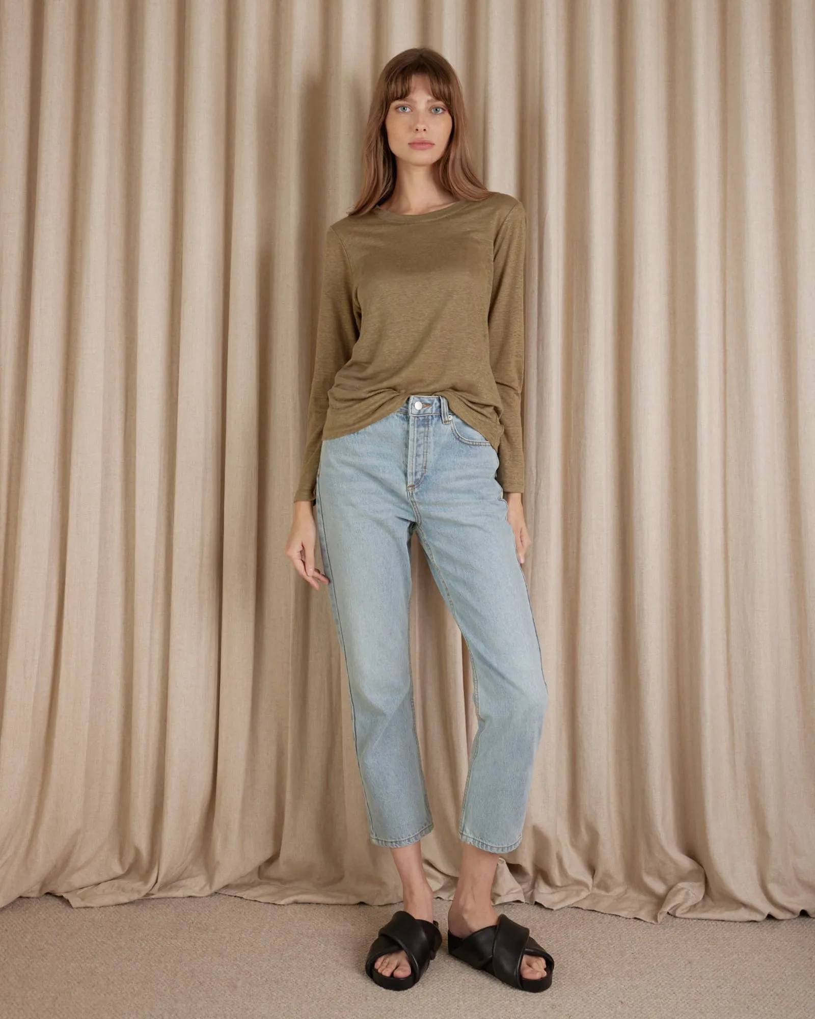 Priya Long Sleeve Linen Jersey Top - Khaki