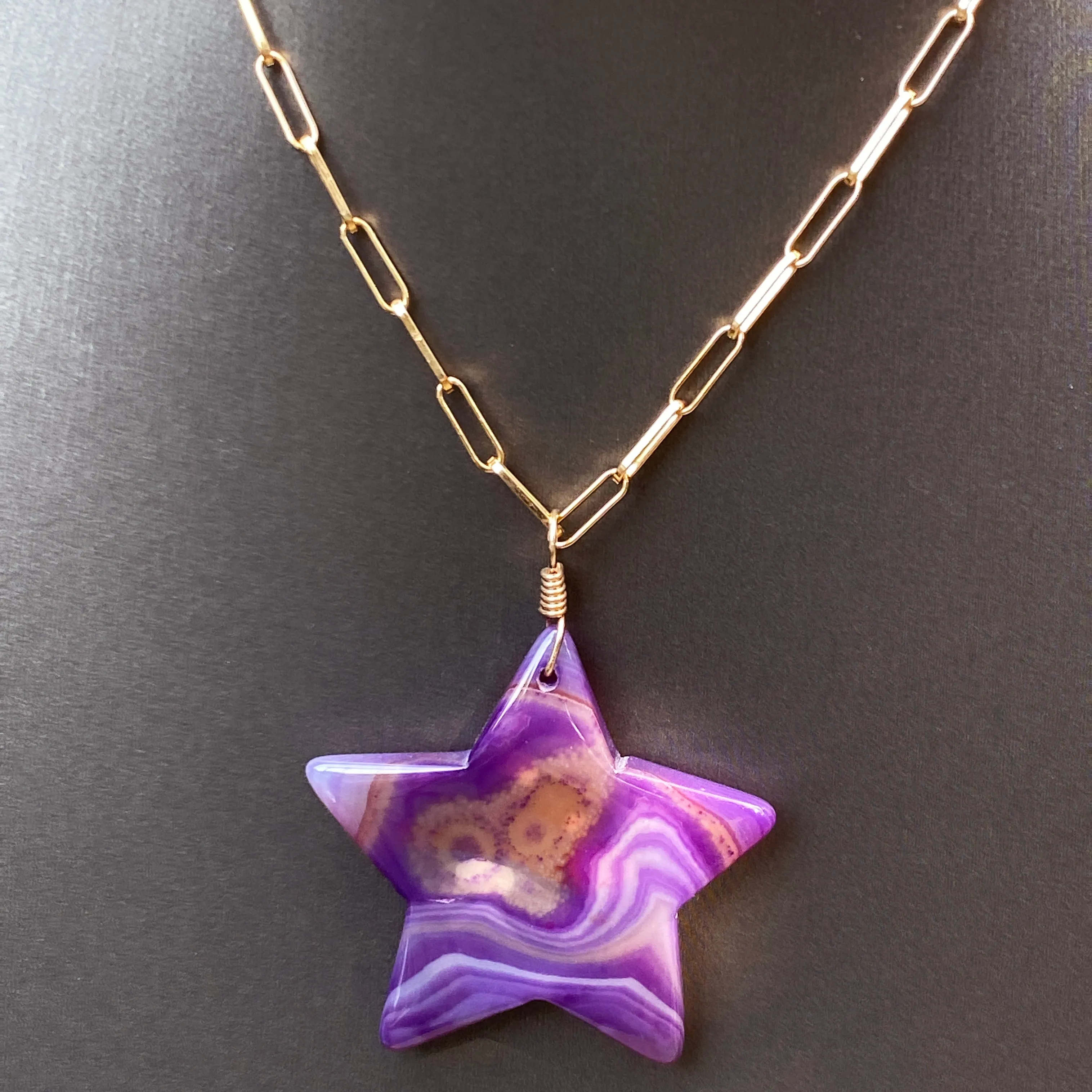 Purple Agate Star Pendant on 14 Kt gf Chain w/ Amethyst Gemstones