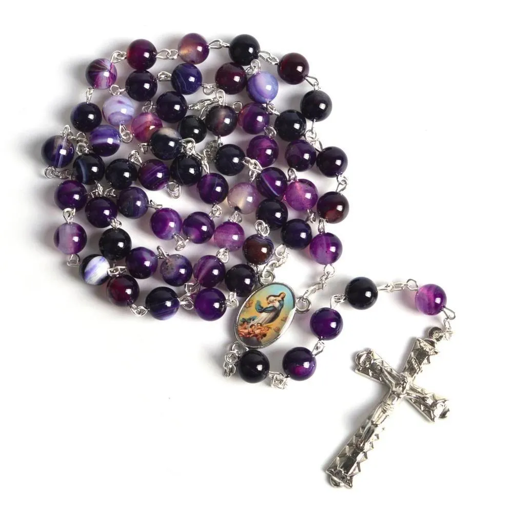 Purple Stone Beaded Rosary with Silver Cross