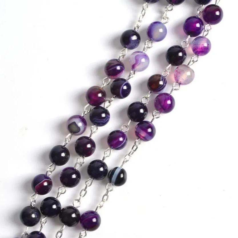 Purple Stone Beaded Rosary with Silver Cross