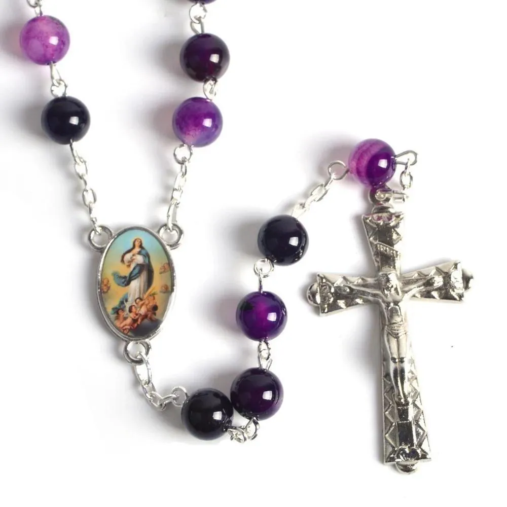 Purple Stone Beaded Rosary with Silver Cross