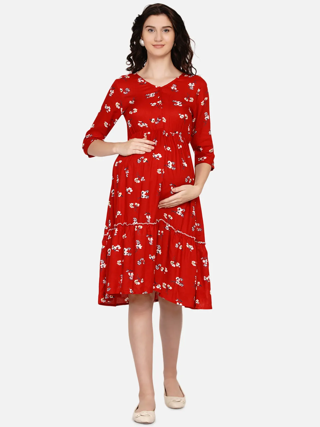 Red Floral Print Maternity and Nursing Midi Dress