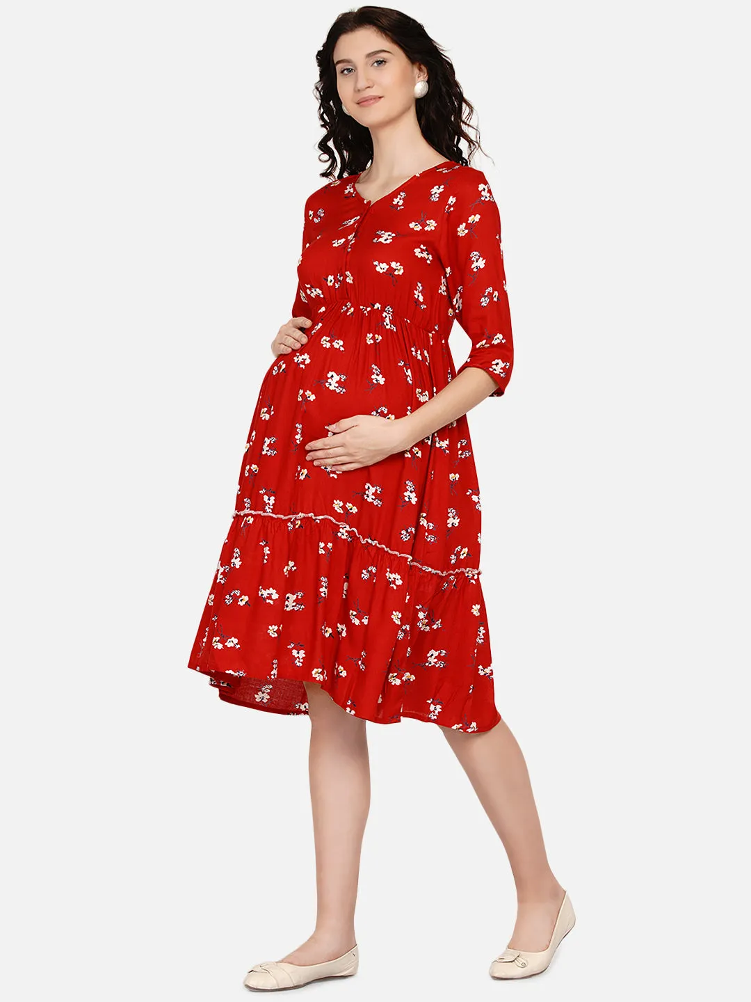 Red Floral Print Maternity and Nursing Midi Dress