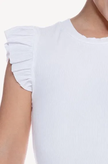 Ribbed Modal Ruffle Sleeve Fitted Tee - White