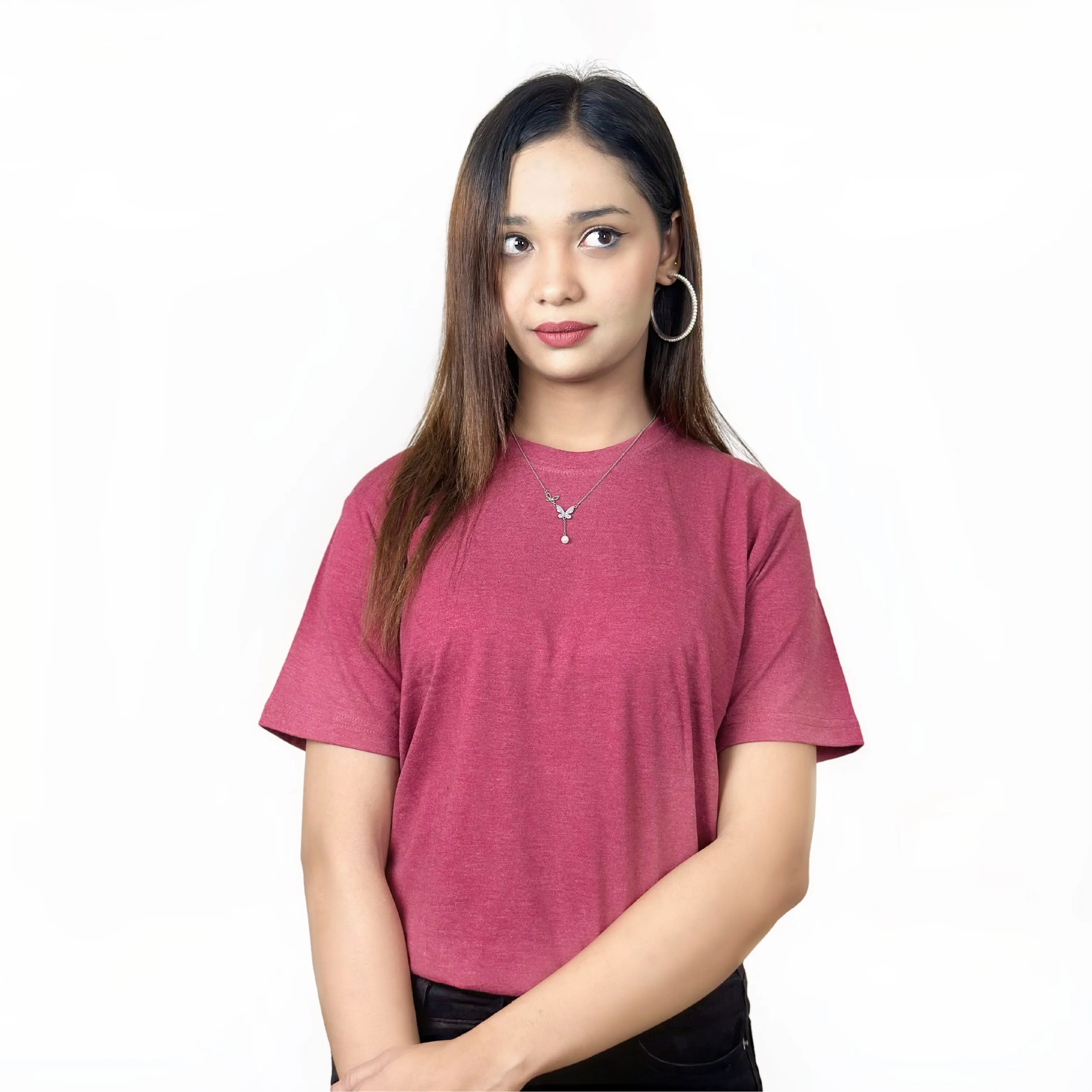 Round Neck Maroon Melange Half Sleeve