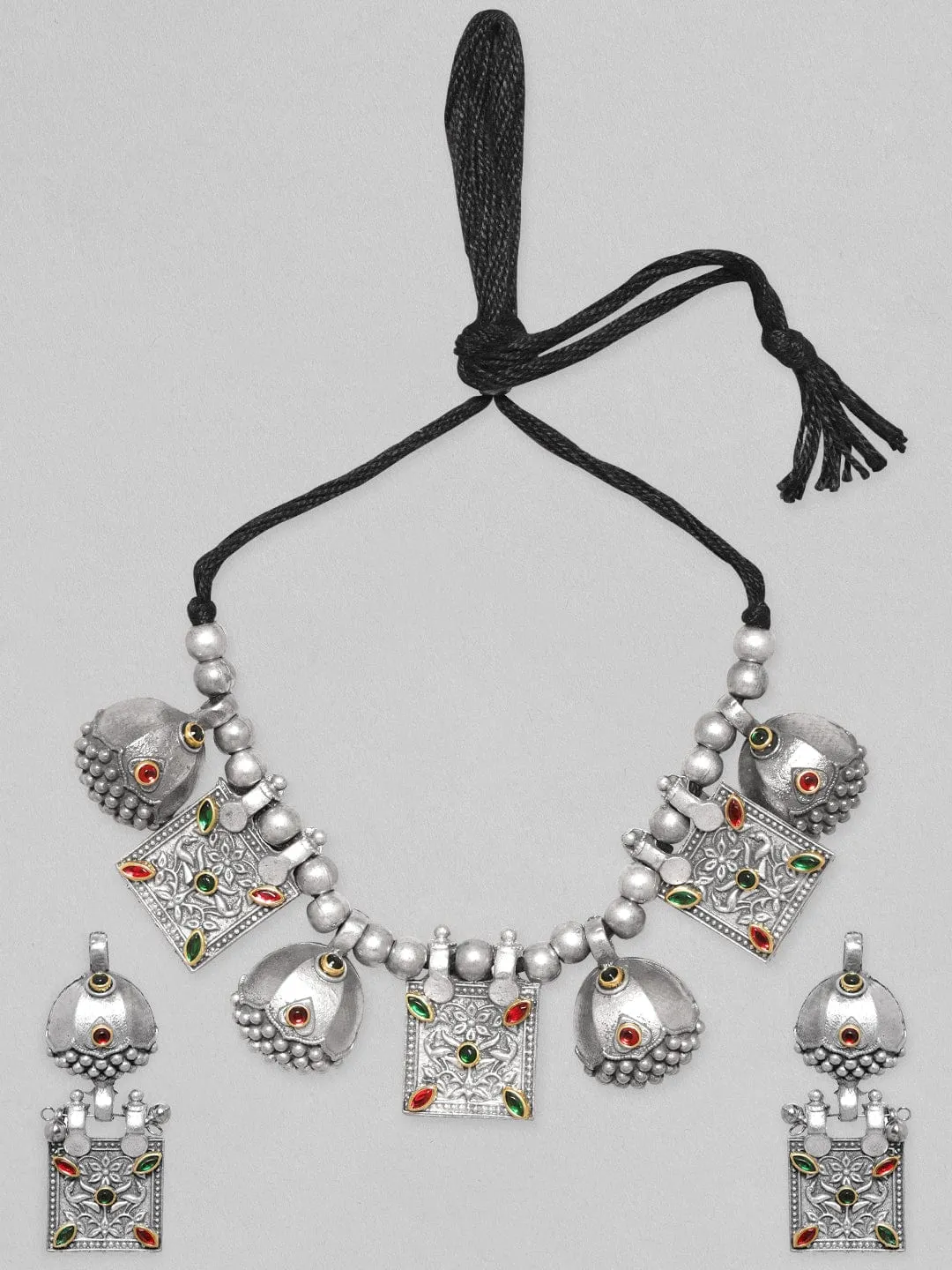 Rubans Oxidised Women Silver-Plated Kundan-Studded Jewellery Set