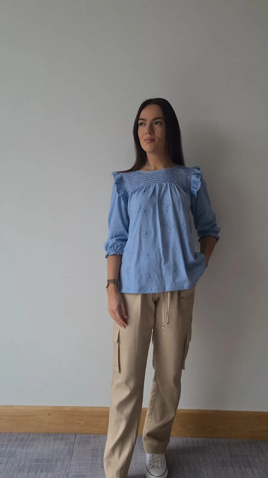 Ruffle Top With Pleat Yoke - Blue