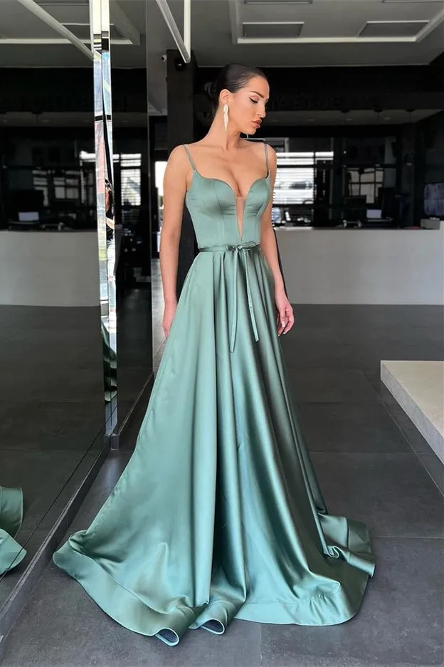 Sage Spaghetti-Straps Long Prom Dress A Line With Belt -> Sage Spaghetti-Straps Long Prom Dress A-Line With Belt