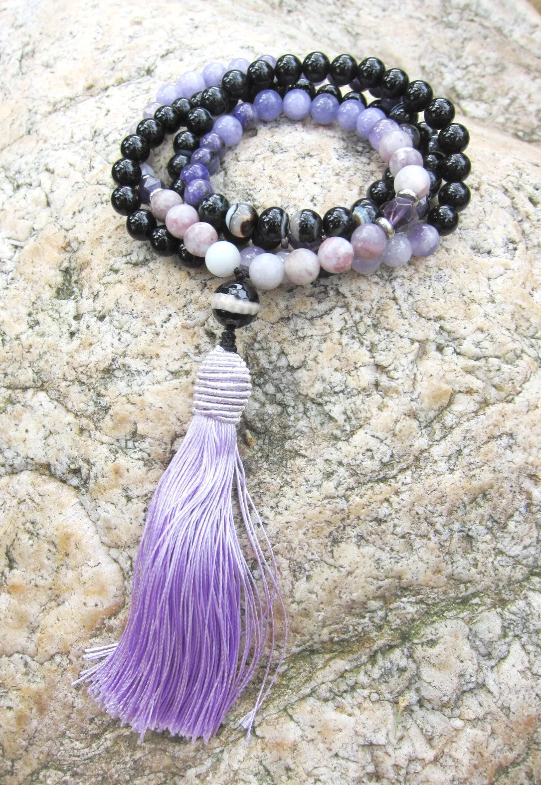 SALE - 108 Beaded Tassel Necklace in Agate, Amethyst, Charoite ~Root Chakra Mala