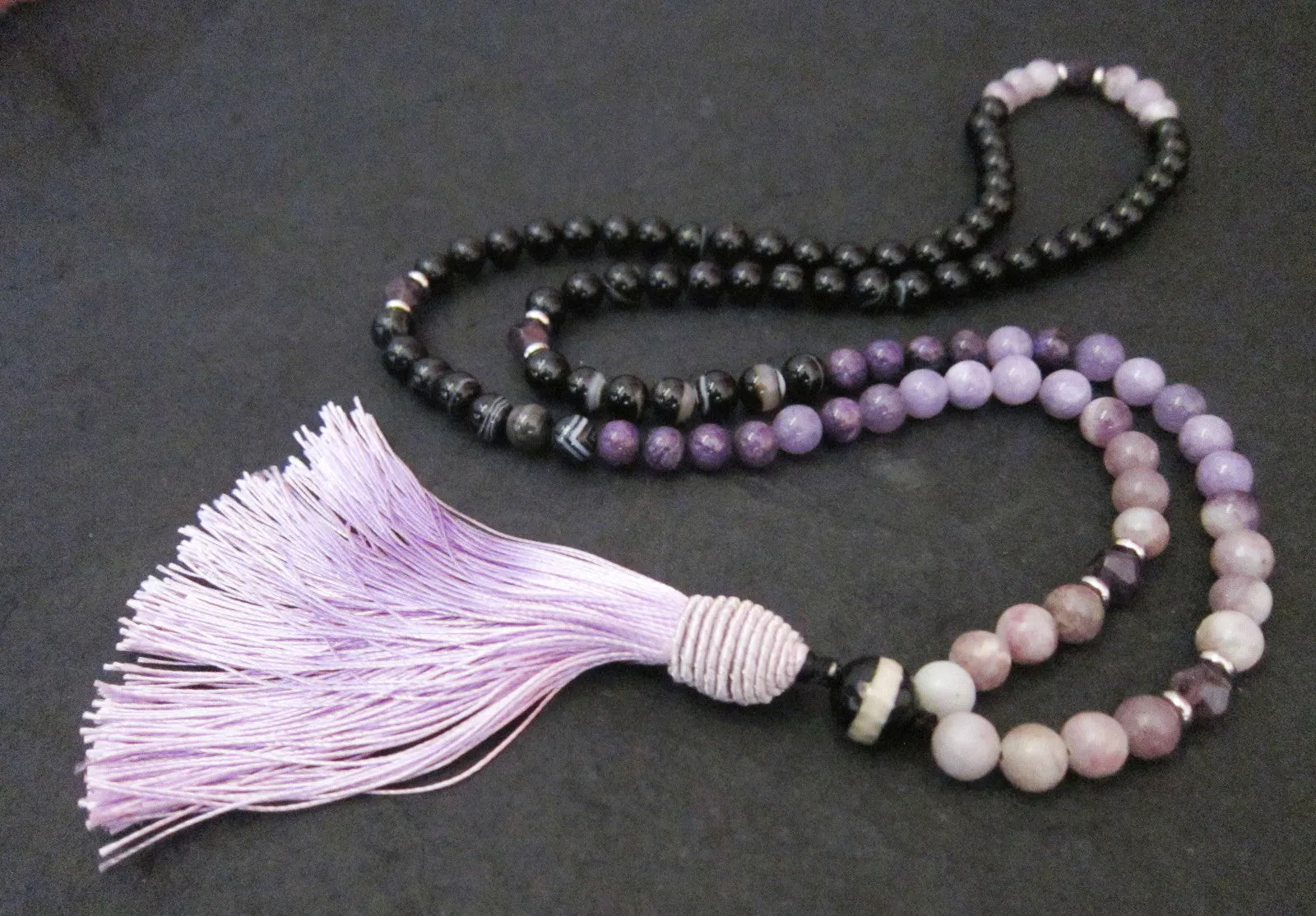 SALE - 108 Beaded Tassel Necklace in Agate, Amethyst, Charoite ~Root Chakra Mala