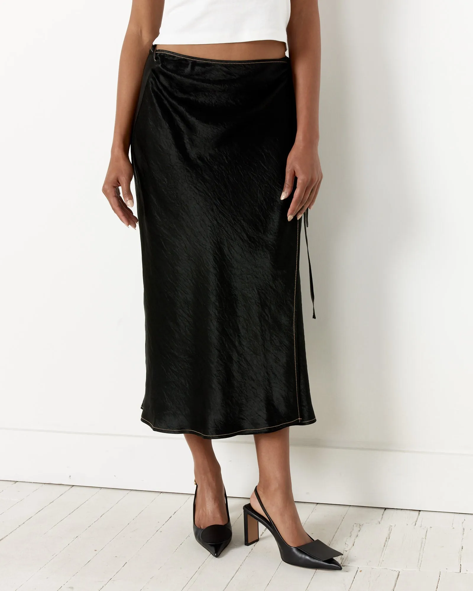 Satin Wrap Skirt in Black