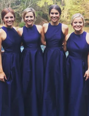 Simple Jewel Sleeveless Long Dark Blue Bridesmaid Dress