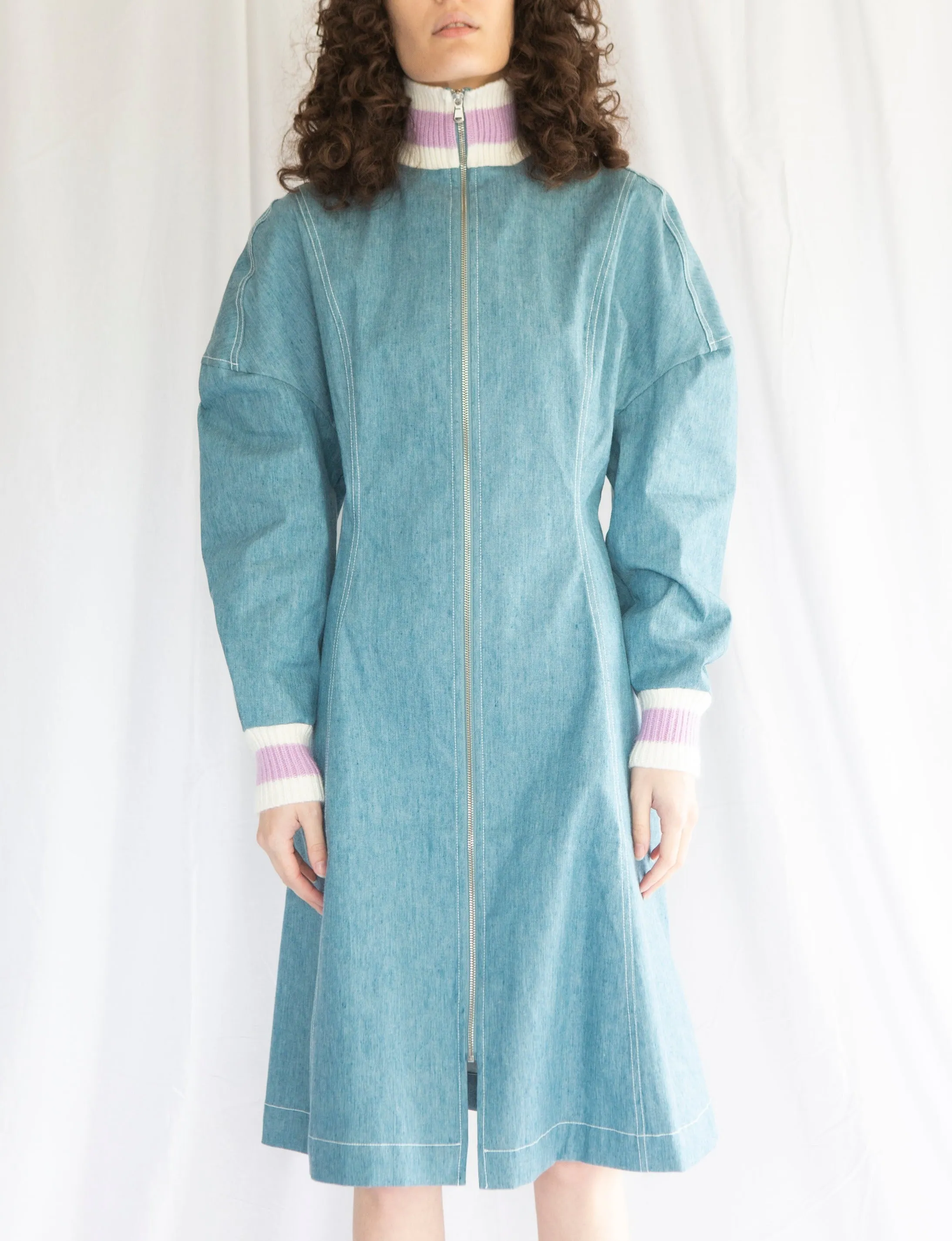 Slouchy Track Coat Dress in Vintage Denim