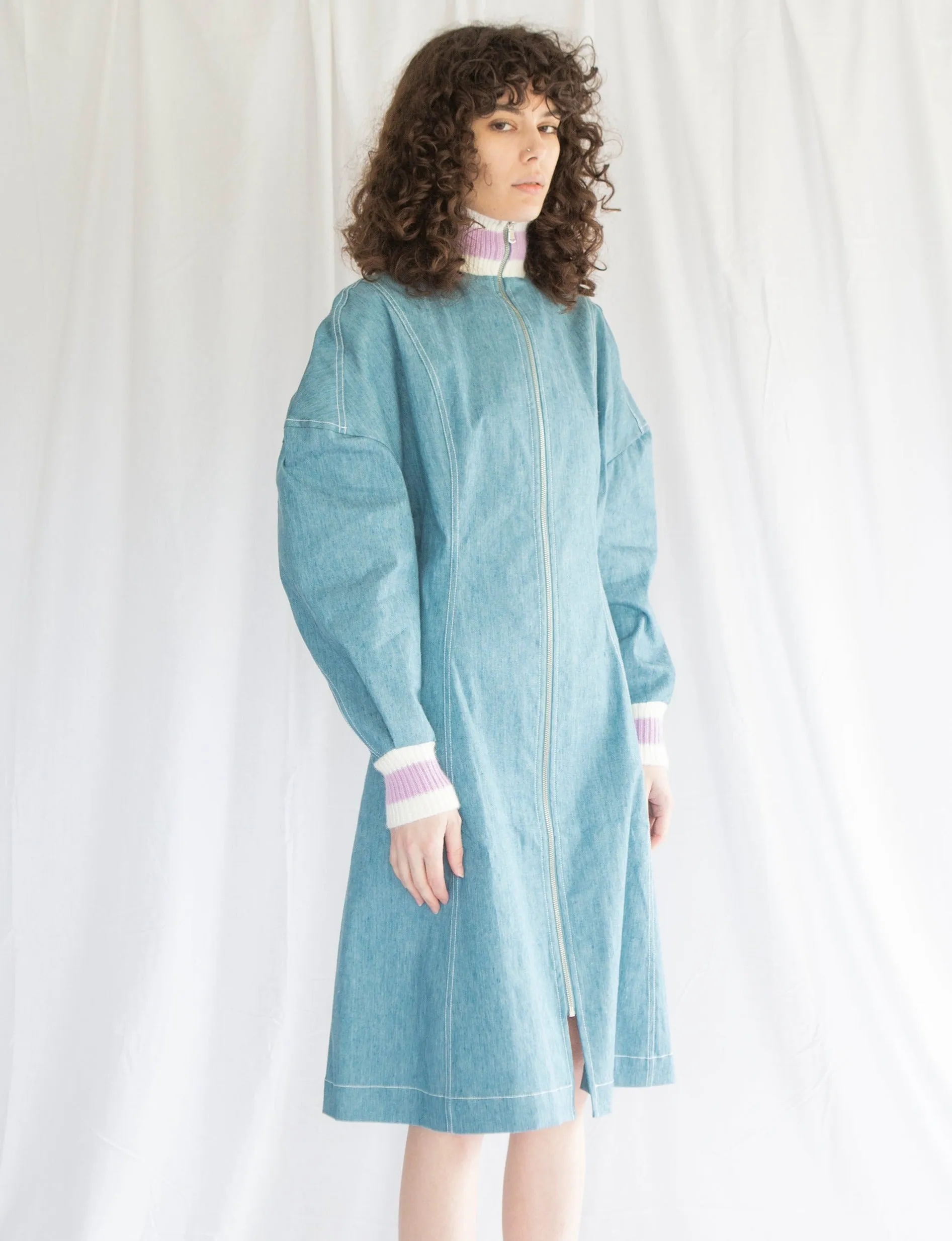 Slouchy Track Coat Dress in Vintage Denim