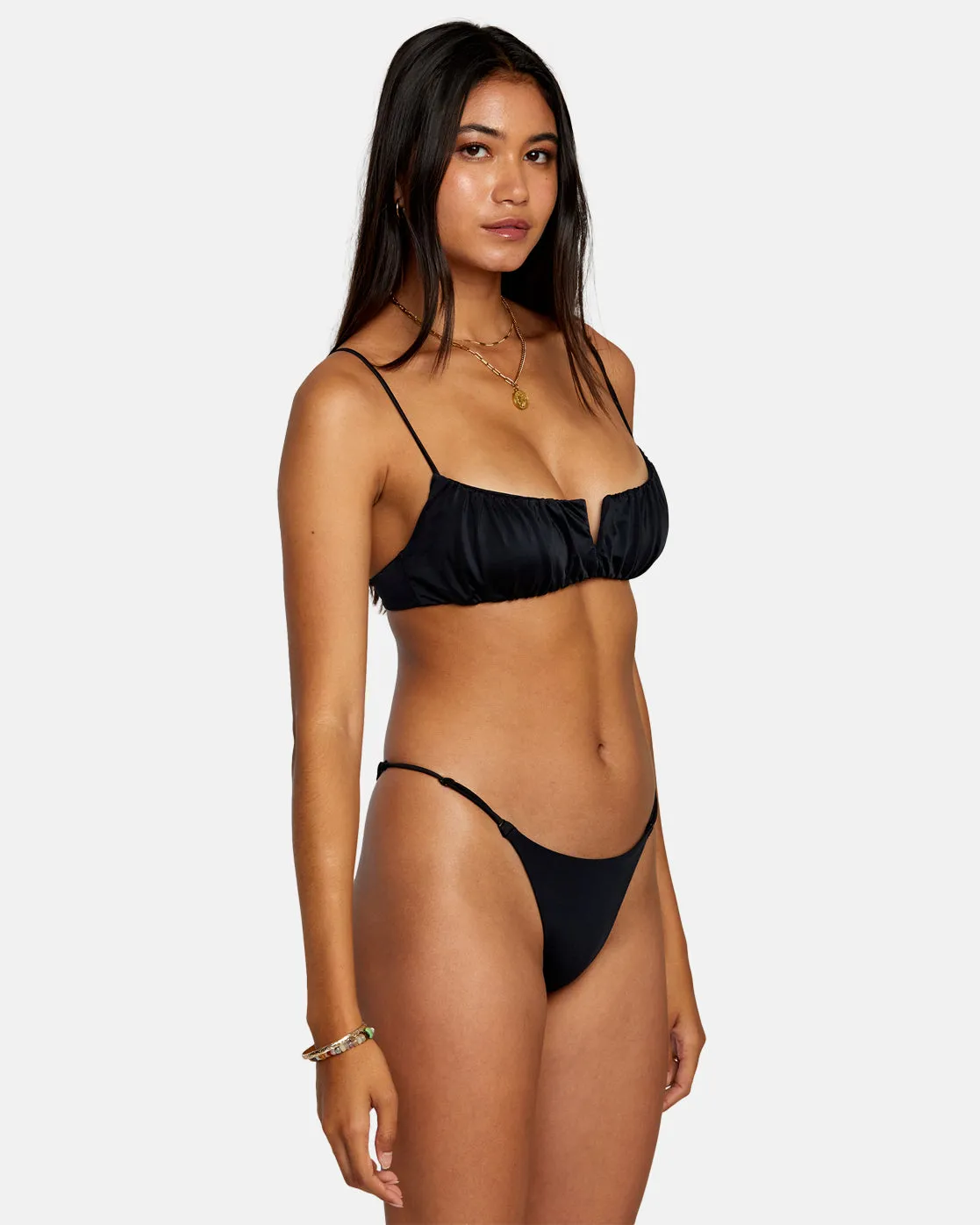 Solid Shirred V-Wire Bralette Bikini Top - RVCA Black