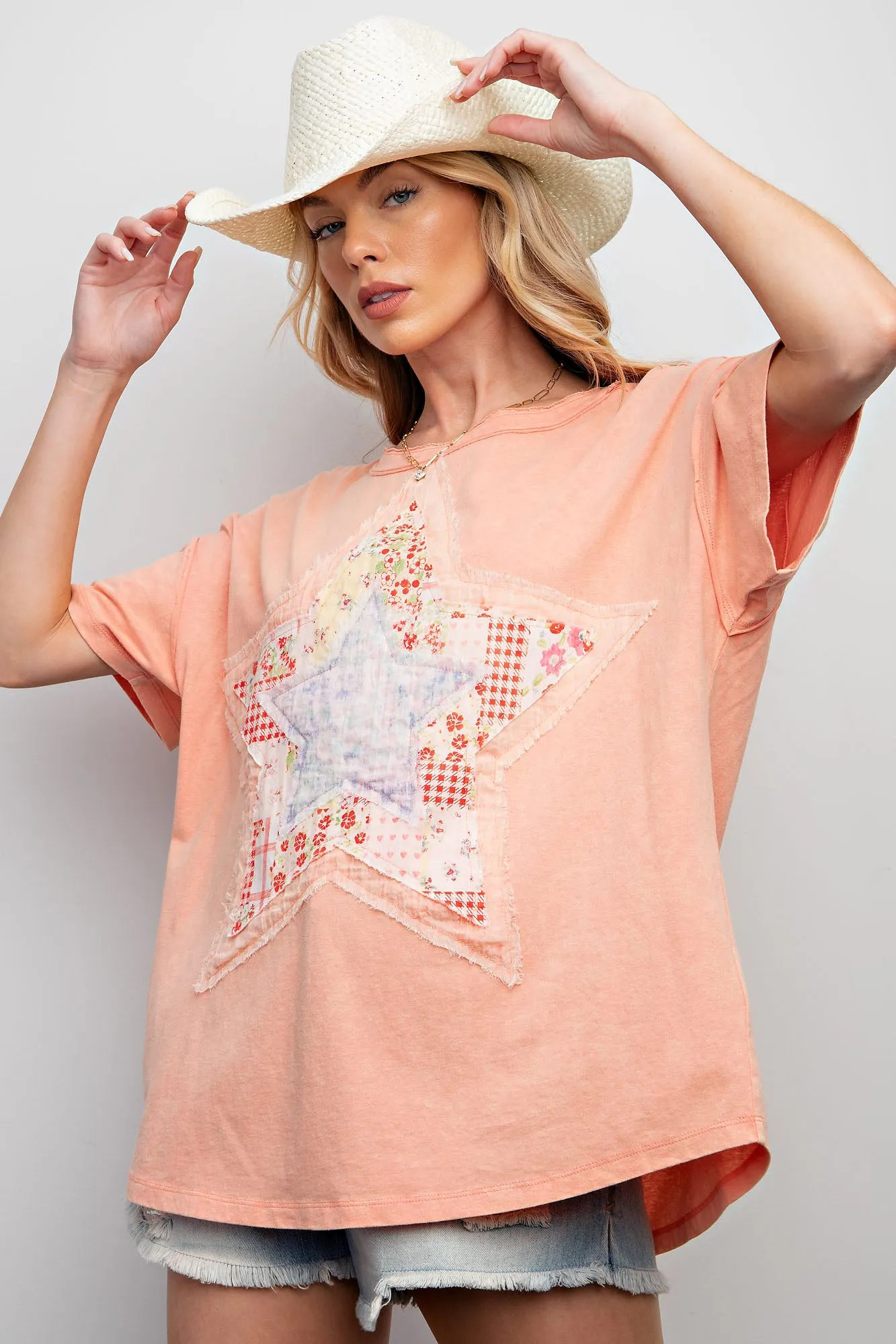 Star Patch Front Washed Cotton Jersey Top