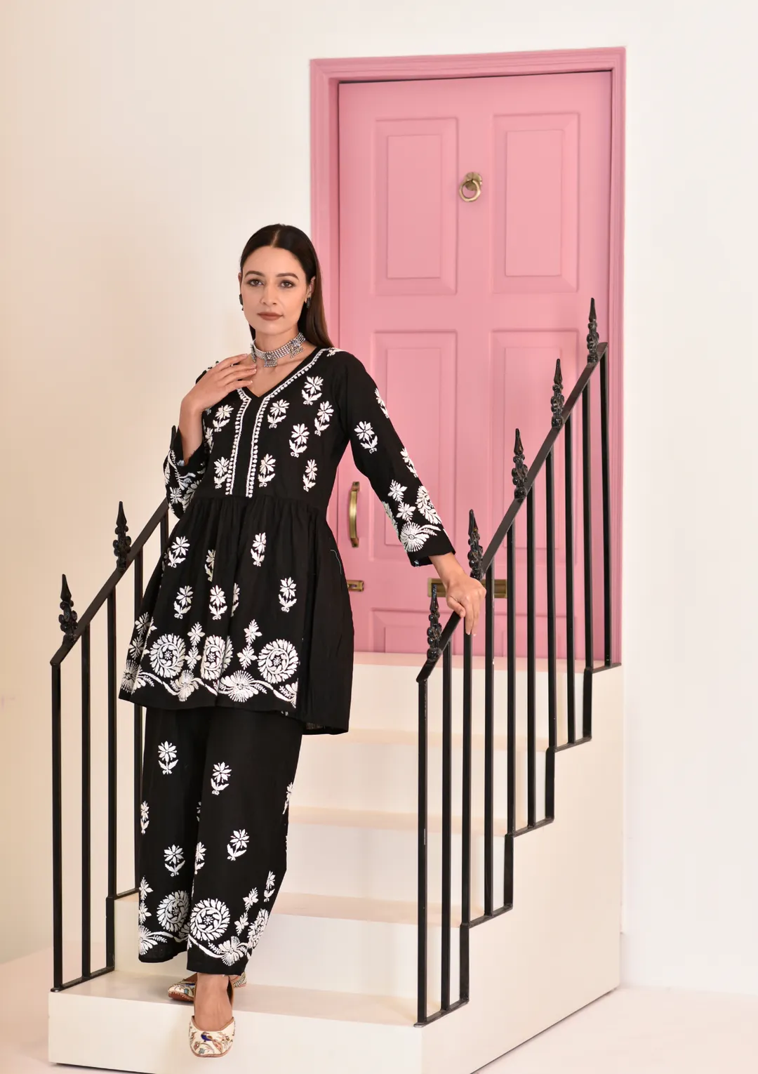 Surkh Flared Chikankari Co-ord Set