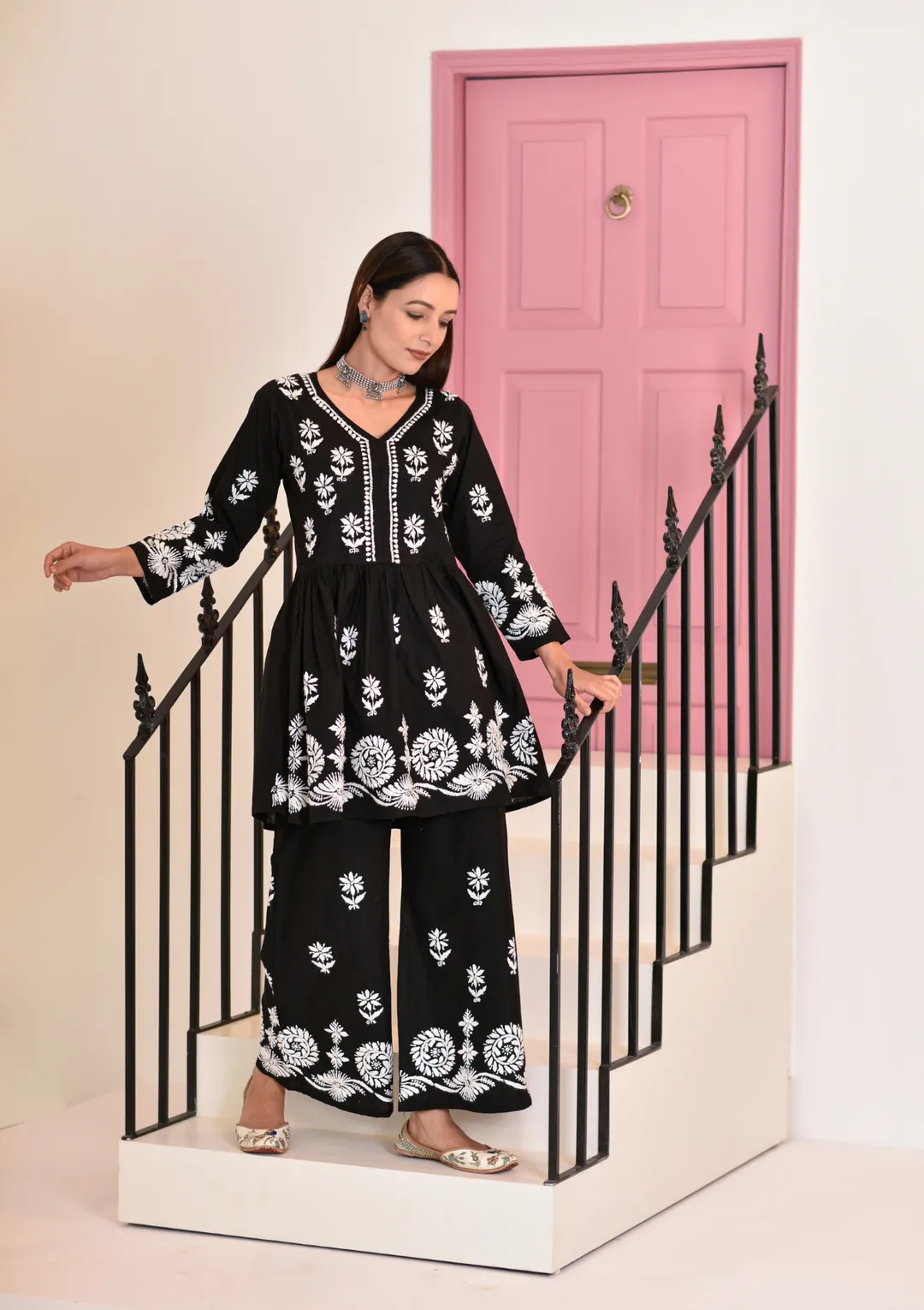 Surkh Flared Chikankari Co-ord Set