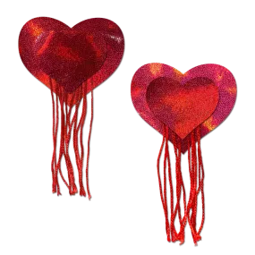 Tassels: Red Holographic Hearts with Tassel Fringe Nipple Pasties