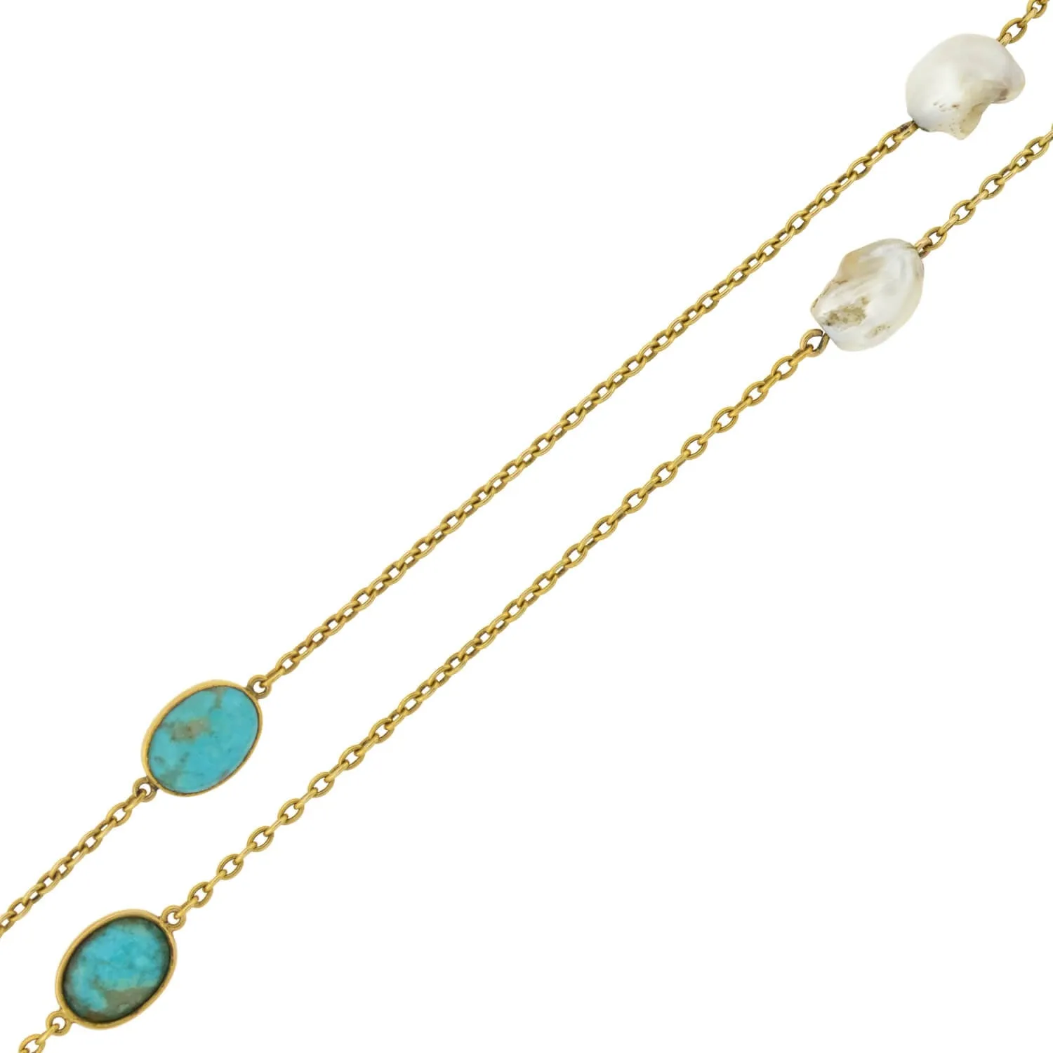 Victorian Long 14kt Turquoise   Mississippi River Pearl Chain Necklace 48"