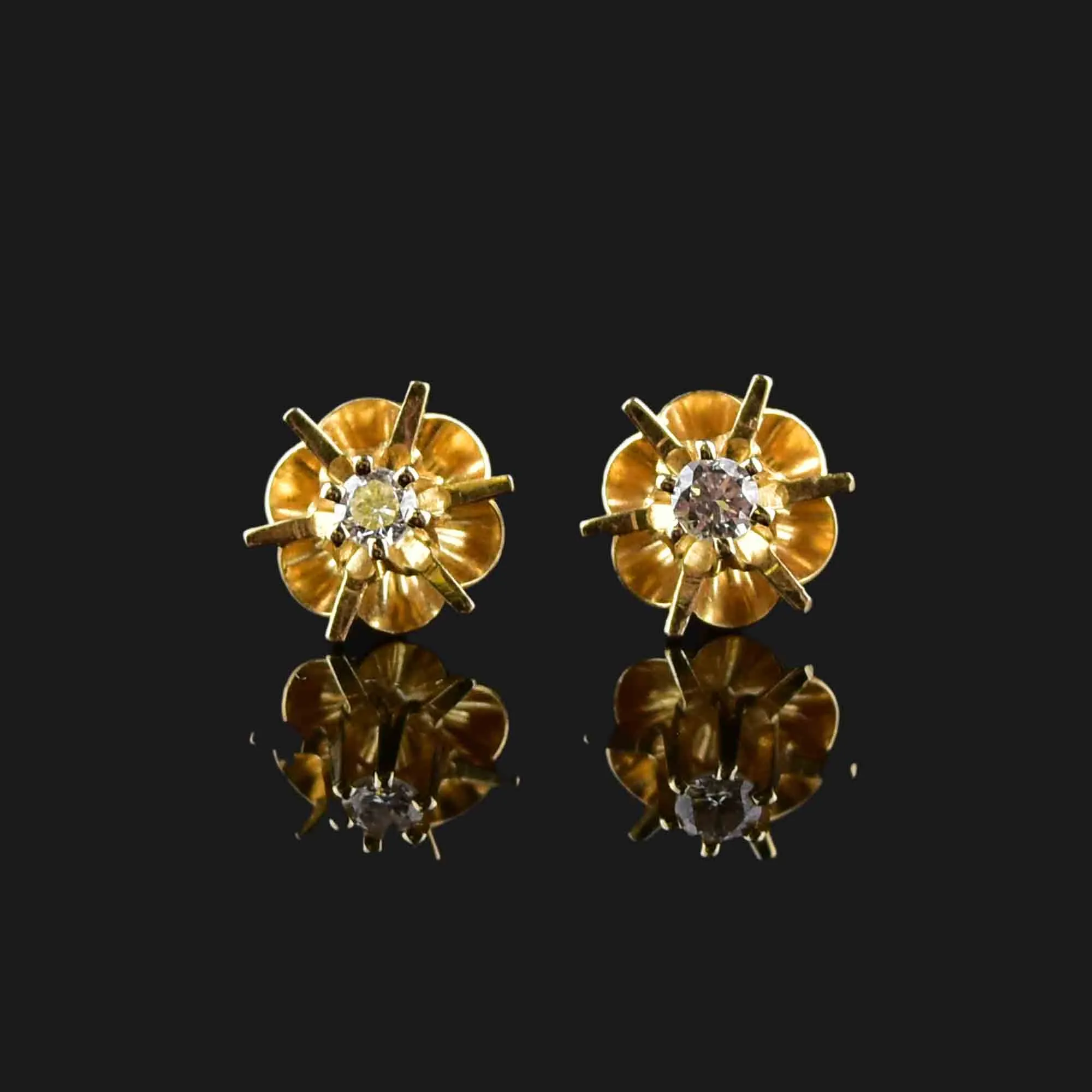 Vintage 14K Gold Diamond Buttercup Stud Earrings