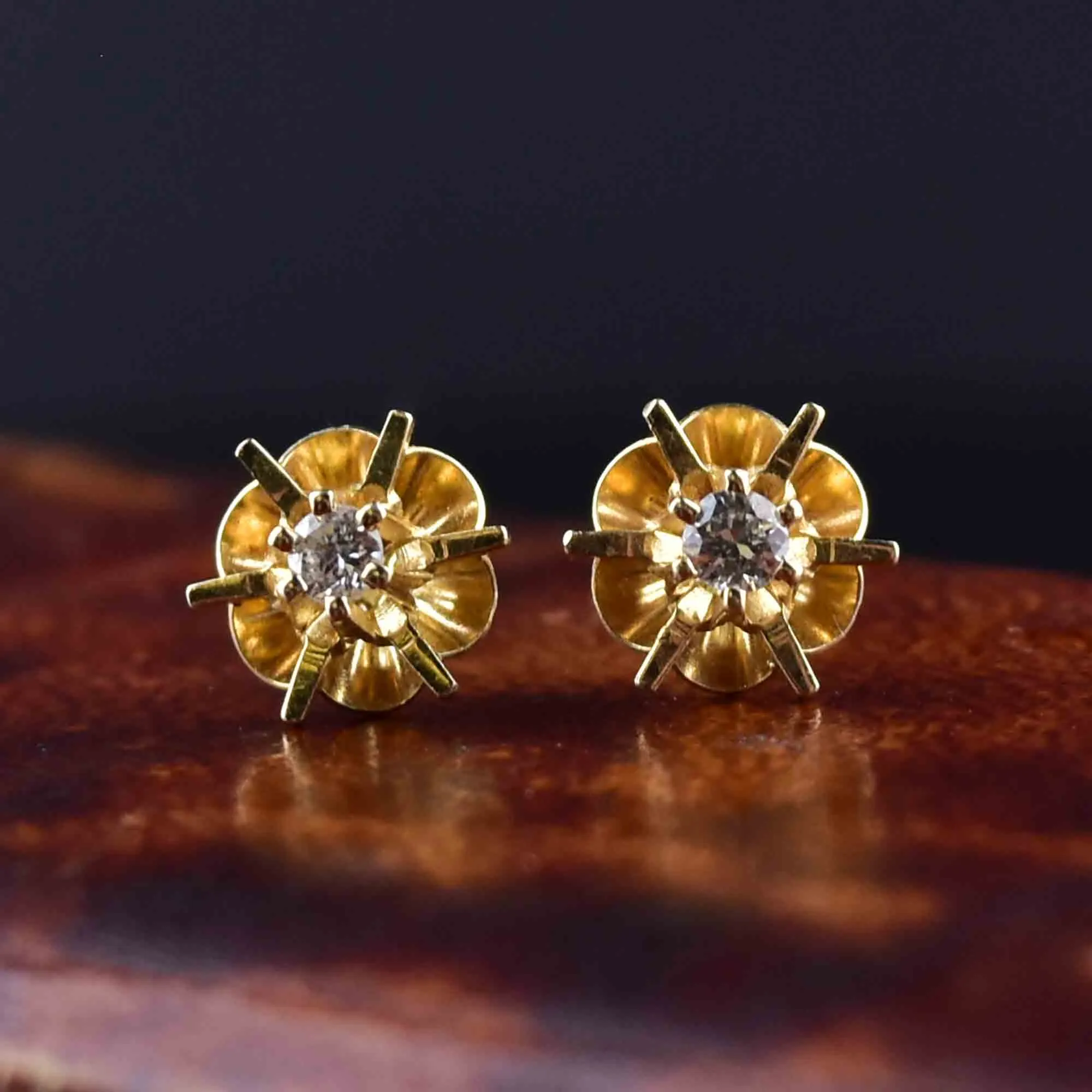 Vintage 14K Gold Diamond Buttercup Stud Earrings