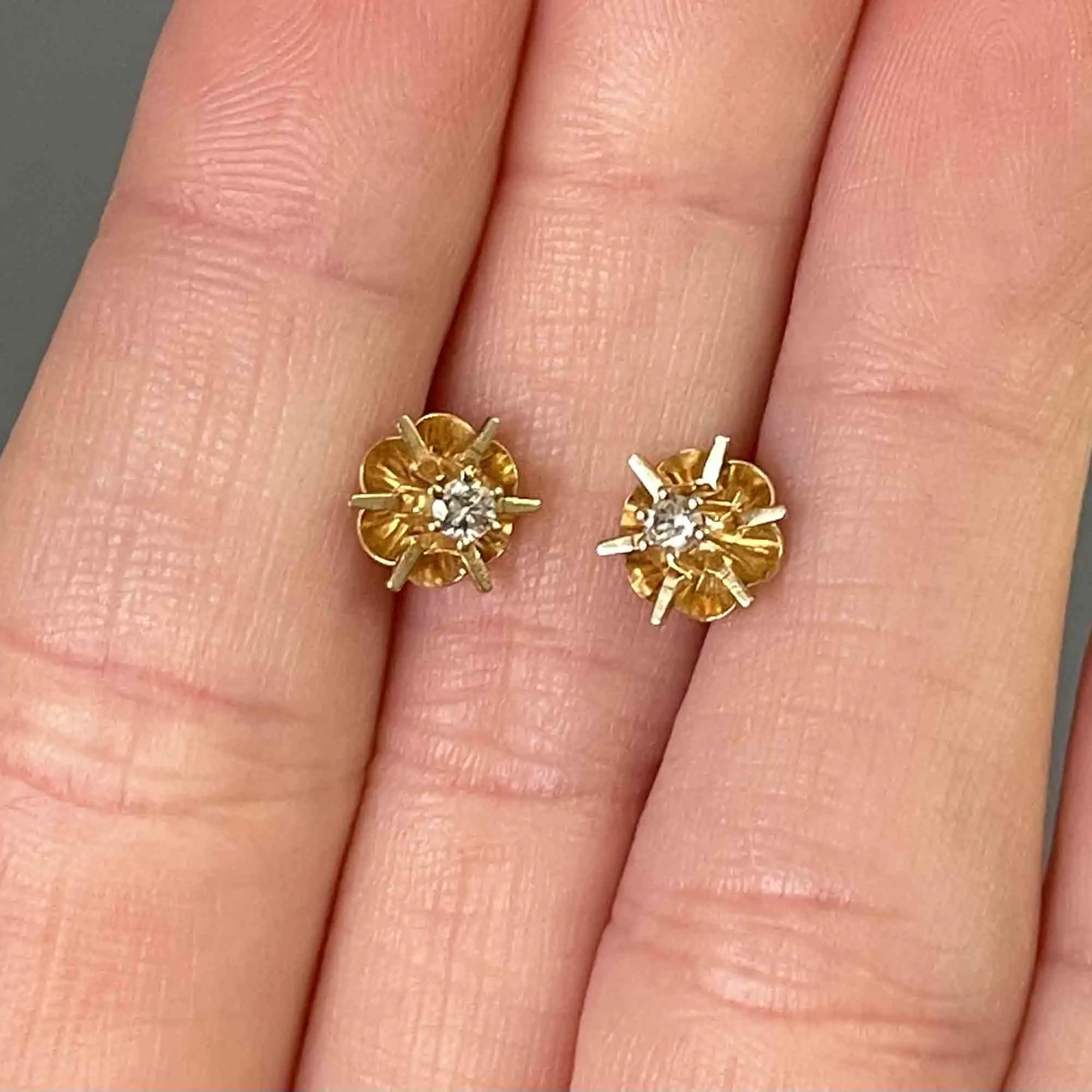 Vintage 14K Gold Diamond Buttercup Stud Earrings