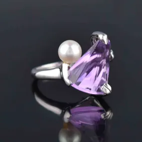 Vintage 14K White Gold Pearl Fantasy Cut Amethyst Ring