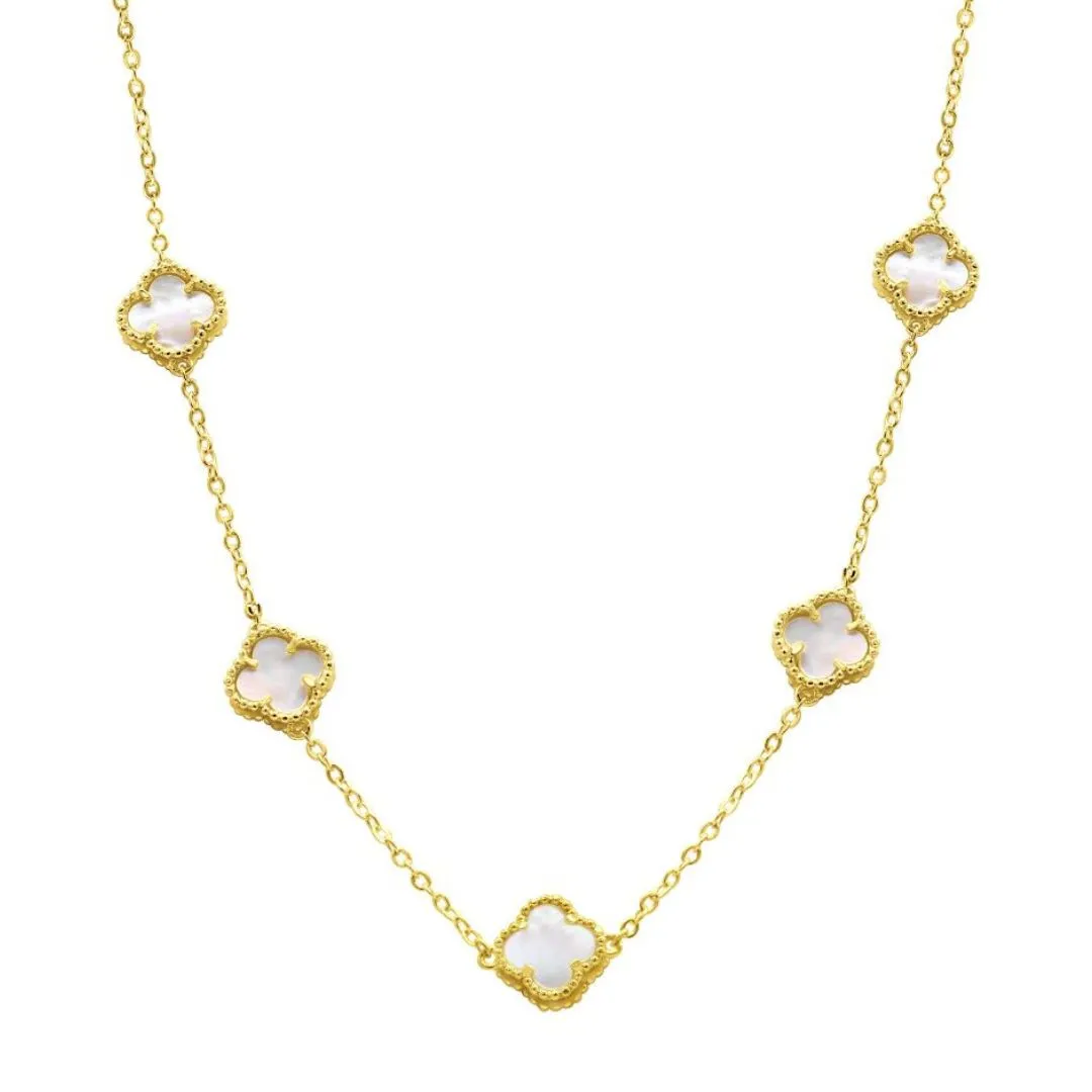 White Mother of Pearl Flower Station Necklace gold