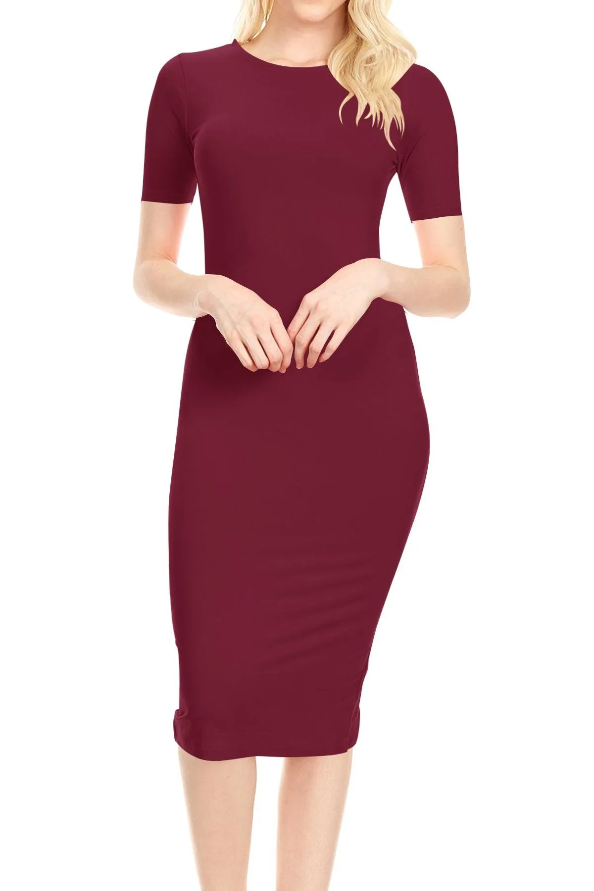 Women's Lightweight Bodycon Slim Fit Short Sleeve Basic Solid Midi Dress