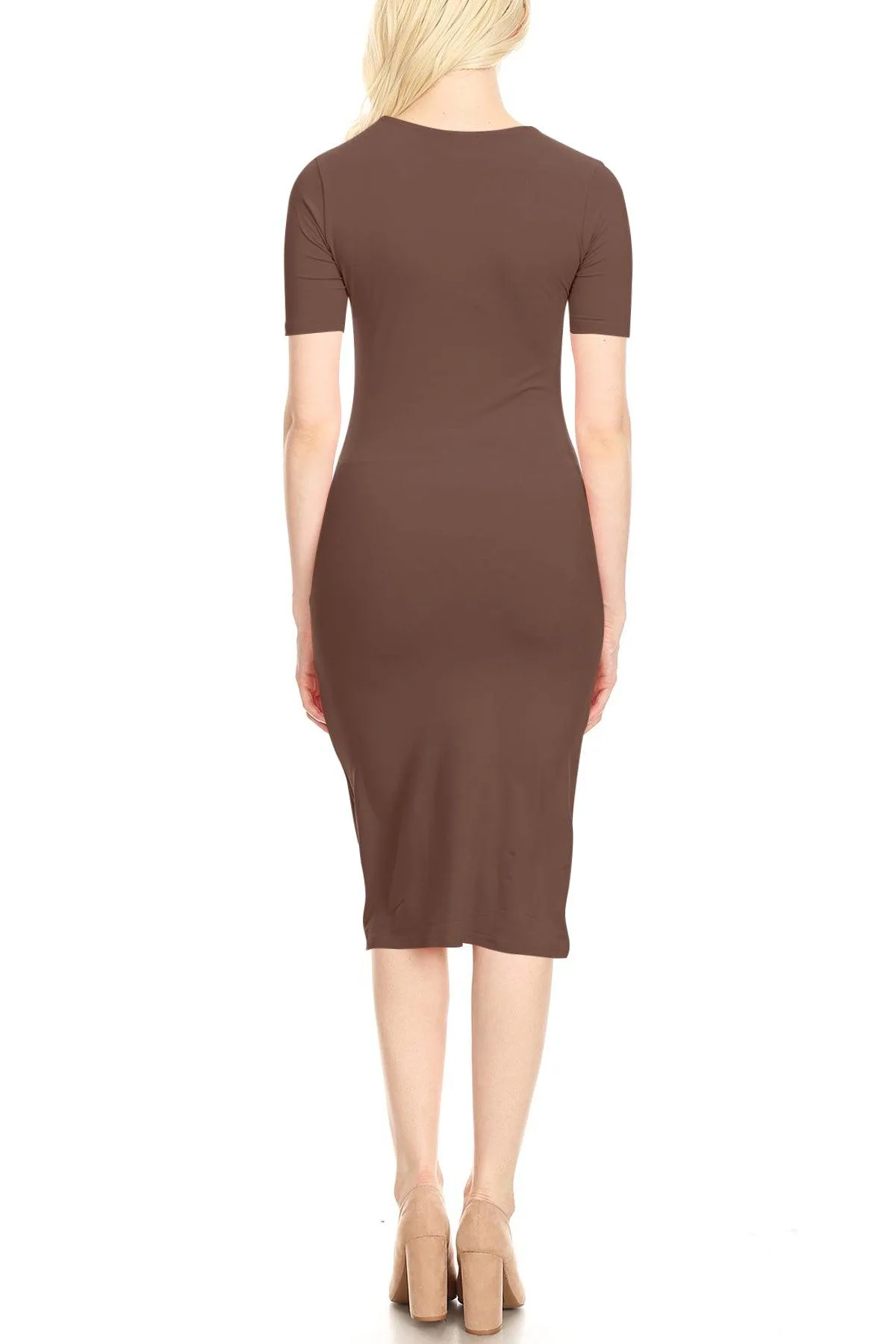 Women's Lightweight Bodycon Slim Fit Short Sleeve Basic Solid Midi Dress