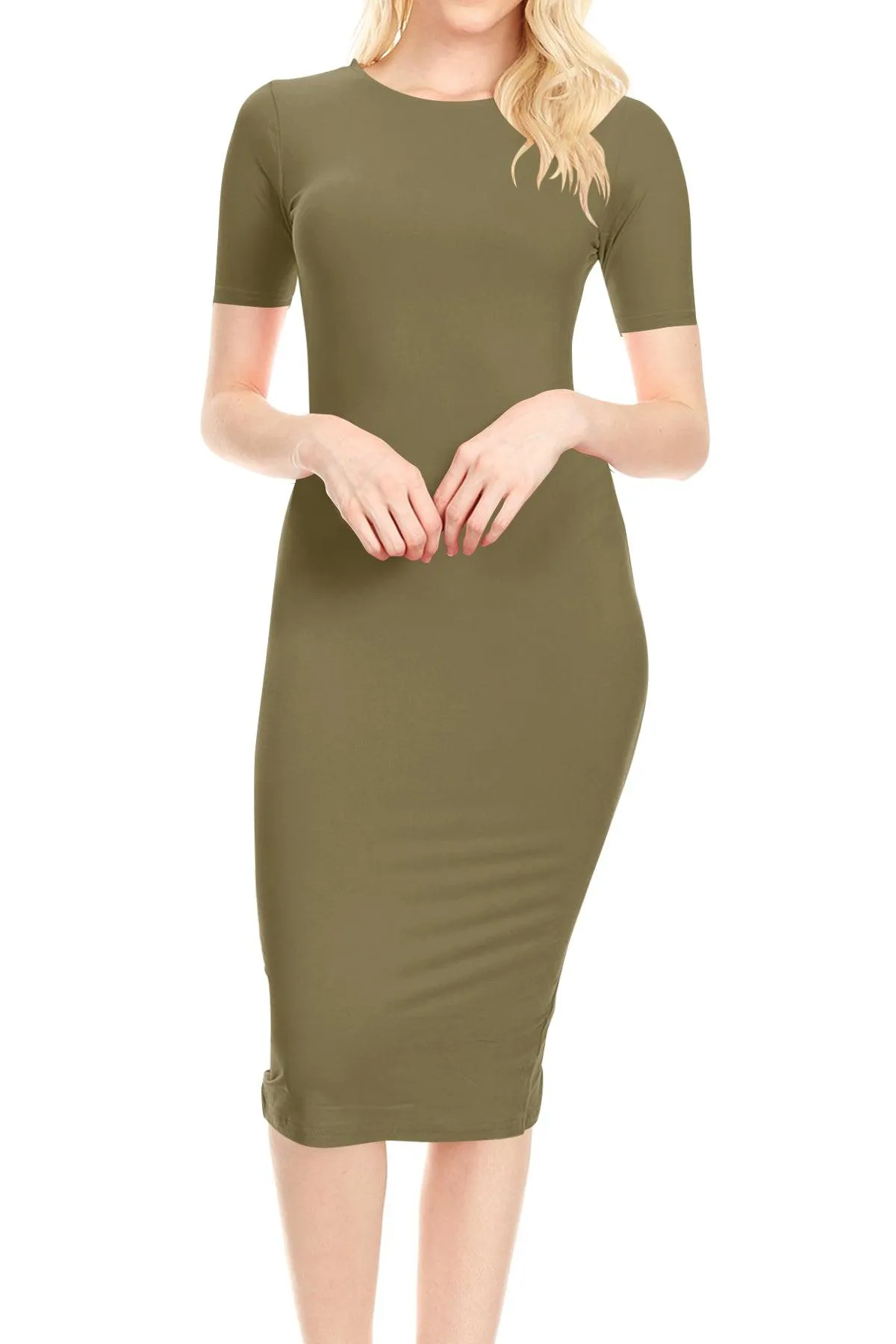 Women's Lightweight Bodycon Slim Fit Short Sleeve Basic Solid Midi Dress